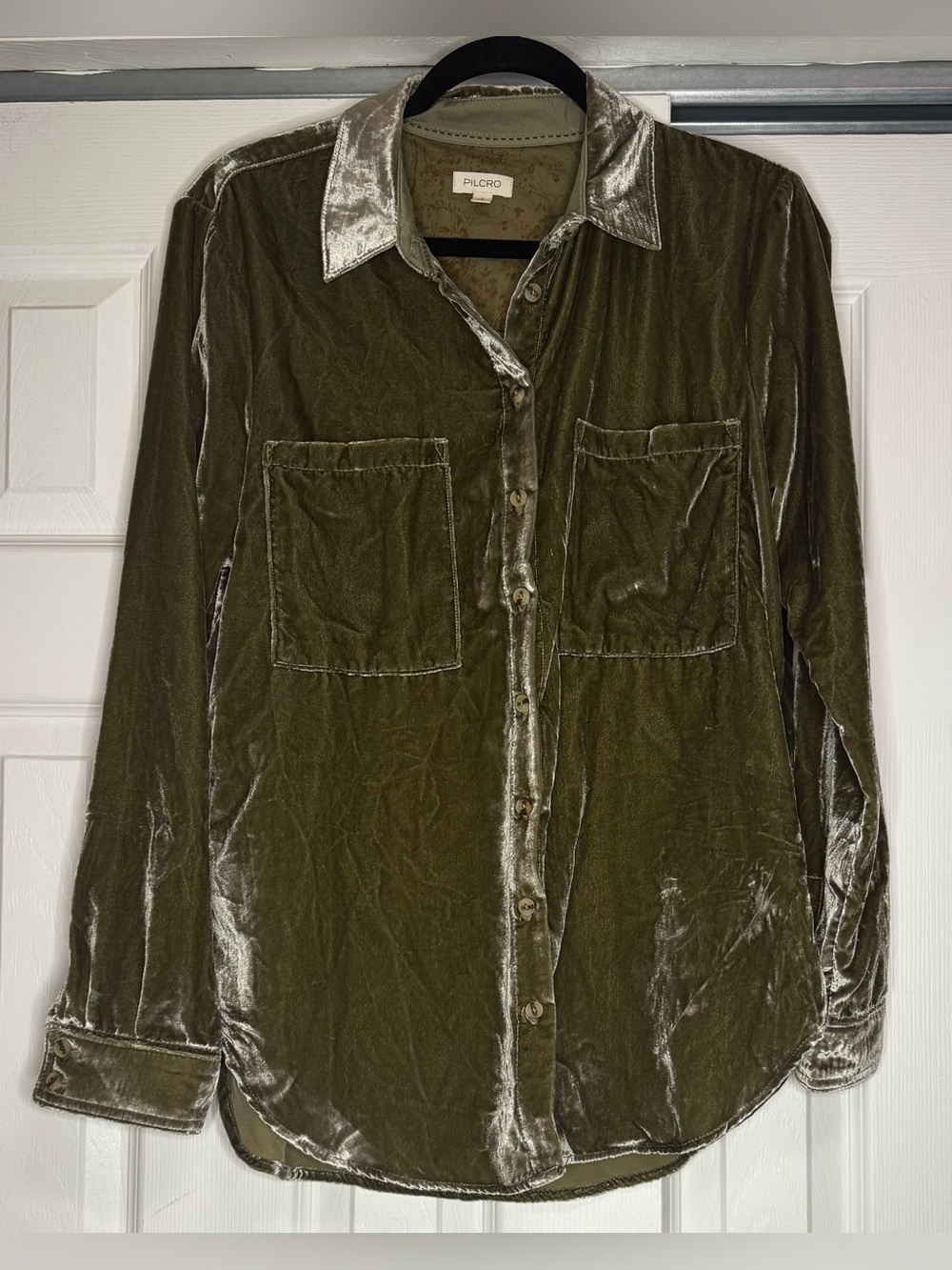 Pilcro Olive Green Velvet Button-Down Shirt - Size S - Picture 4 of 7